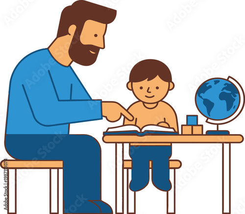 Father Teaching Son Reading Book at Desk with Globe and Blocks