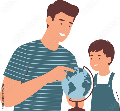 Father and Son Learning About the World Together Using a Globe