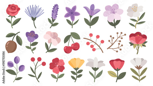 collection of colorful cartoon flowers and leaves on white background
