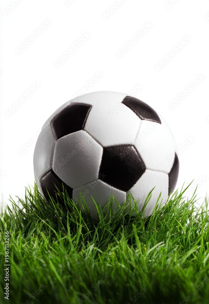 Naklejka premium A black and white soccer ball rests on vibrant green grass, symbolizing the upcoming World Cup 2026.