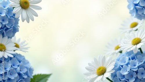 Blue hydrangea and white daisy flower border frame, soft cream bokeh background, elegant botanical mockup template display