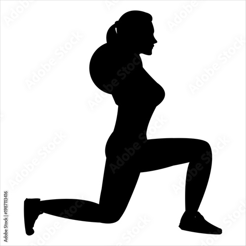 Female Lunge Exercise Silhouette Side View Isolated on White Background
