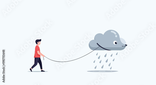 Illustration of a person walking a rain cloud on a leash, symbolizing emotional burdens, resilience, and mental health management