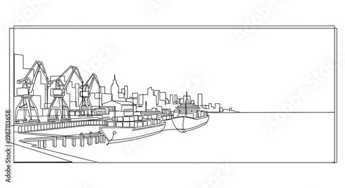 Continuous line drawing of a bustling industrial harbor with cargo ships and cranes.