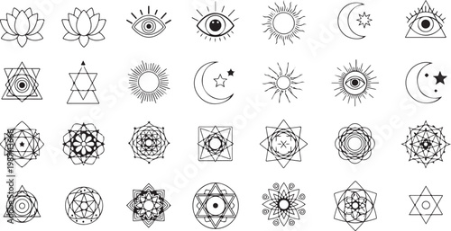 Mandala, spiritual, sacred geometry icons, 25 black line art symbols