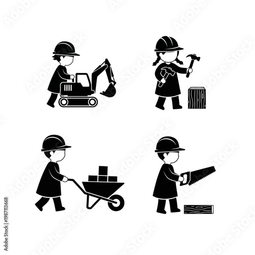 Children Construction Workers With Tools And Equipment