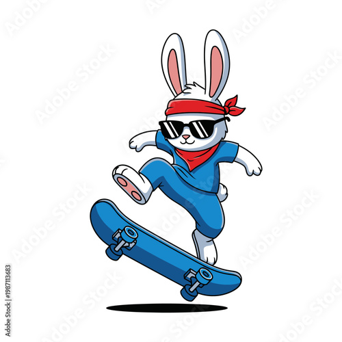 Cool bunny character on skateboard doing trick with sunglasses and bandana
