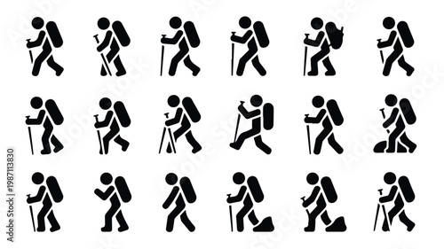 collection of black silhouettes of hikers with backpacks and trekking poles in various poses