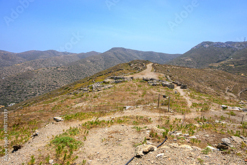 The Ancient site of Minoa, at Moundoulia Hill, above the port of Katapola. Amorgos Island, Cyclades, Greece