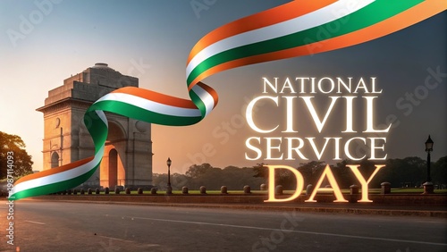 India Gate with tricolor ribbon celebrating National Civil Service Day.