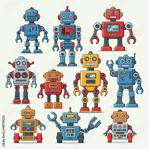 Collection of colorful robots with various designs and tools