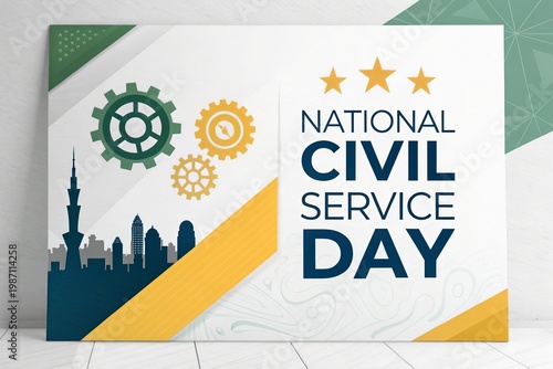 Civil Service Day, Corporate design showing teamwork, governance, and urban development concept.