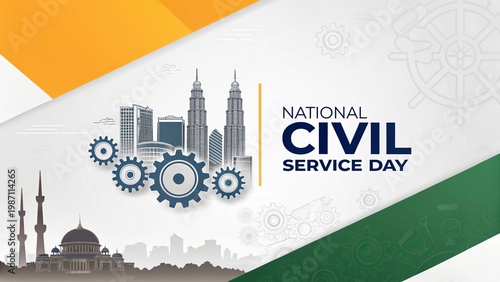 Modern National Civil Service Day poster with gears and city skyline.