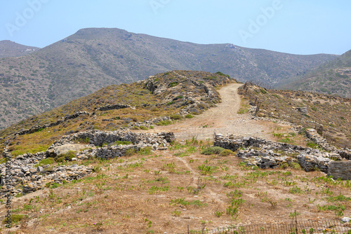 The Ancient site of Minoa, at Moundoulia Hill, above the port of Katapola. Amorgos Island, Cyclades, Greece