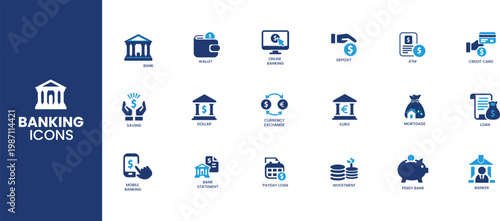 Banking Icon Set, Modern Financial Services Icons for Web and Mobile App, Vector Flat Duo-tone Style.