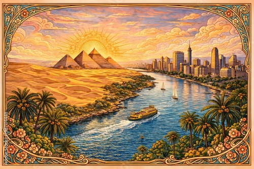 Künstlerische Darstellung von Pyramiden und moderner Skyline am Nil bei Sonnenuntergang mit dekorativem Ornamentrahmen im Vintage Stil