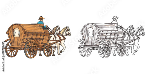 Vintage horse-drawn covered wagon with driver illustration, featuring both color and black-and-white line art outline suitable for coloring books.