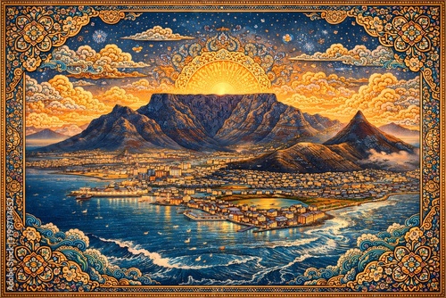 Künstlerische Stadtansicht am Meer mit Tafelberg bei Sonnenuntergang, detailreiche ornamentale Illustration im Mosaikstil mit goldenen Verzierungen