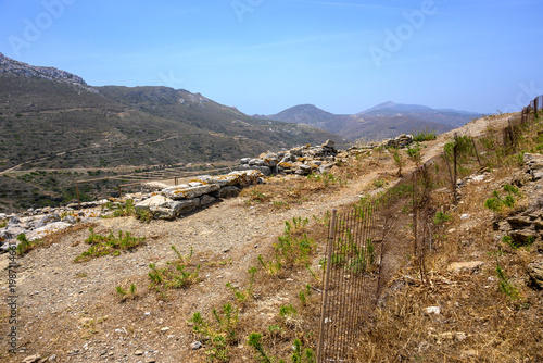 The Ancient site of Minoa, at Moundoulia Hill, above the port of Katapola. Amorgos Island, Cyclades, Greece