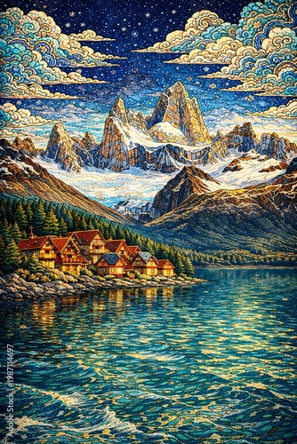Malerische Berglandschaft mit alpinen Häusern am See, schneebedeckten Gipfeln und kunstvollem Mosaikstil unter sternenklarem Himmel
