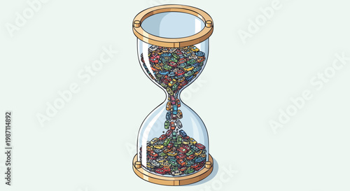 Time's relentless flow in an hourglass where cars replace sand, symbolizing environmental concerns from consumption