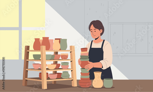 Ceramic Artisan Arranging Handmade Pottery in Workshop