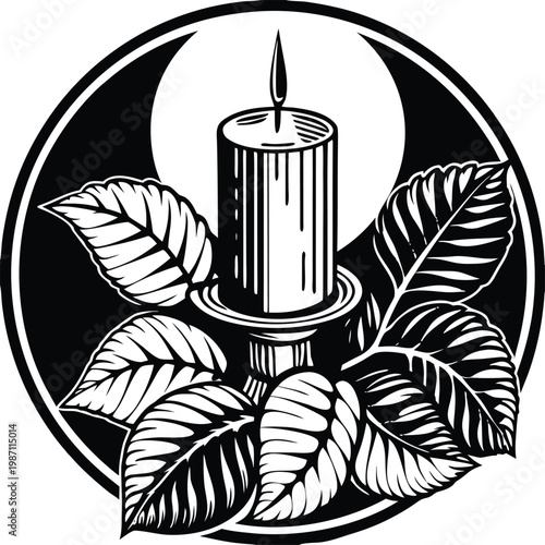 Black and white candle icon, moonlit leafy decoration, vector illustration, minimalist design