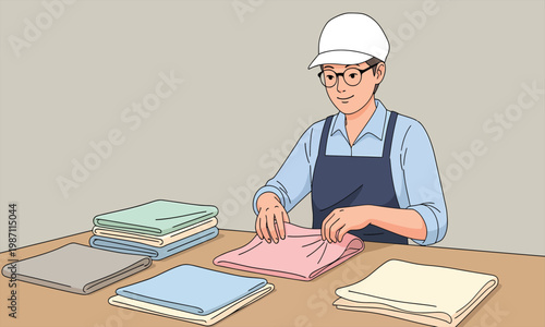 Worker Folding Clean Laundry Clothes at the Table