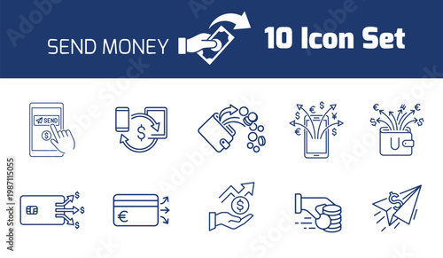 Send money 10 icon set with mobile payment, wallet, credit card, and paper airplane concepts for financial transactions.