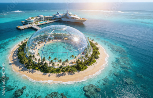 Futuristic, domed tropical resort situated on a small island in the middle of a vast ocean