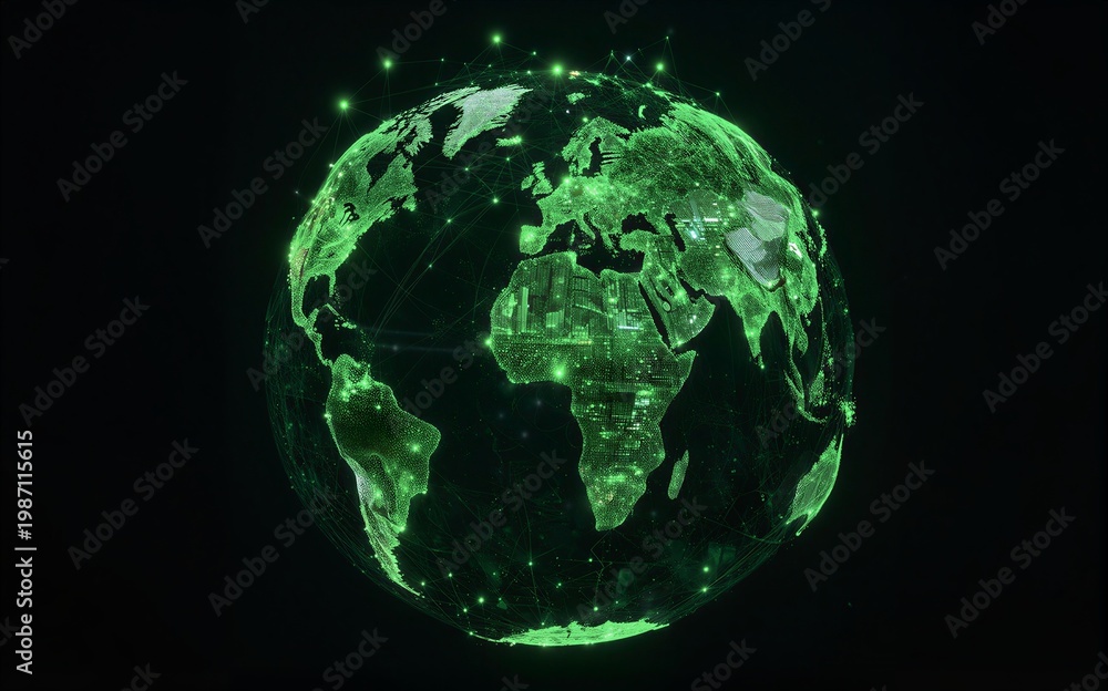 Fototapeta premium Green digital globe with glowing connections symbolizing global