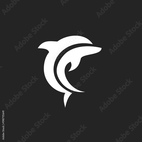 White Stylized Dolphin Logo Design with Flowing Lines on Black Background
