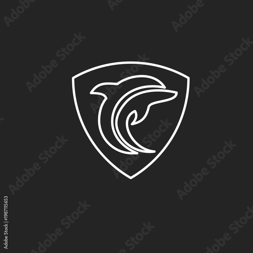 Minimalist Dolphin Shield Logo Design. Abstract line art emblem featuring a stylized dolphin within a protective crest.