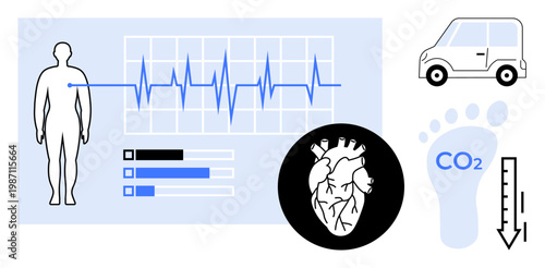 Health monitoring, carbon footprint, sustainability, medical research, eco-conscious technology, ecological impact. Diagram of heart rate, human figure CO2 footprint and car. Health monitoring