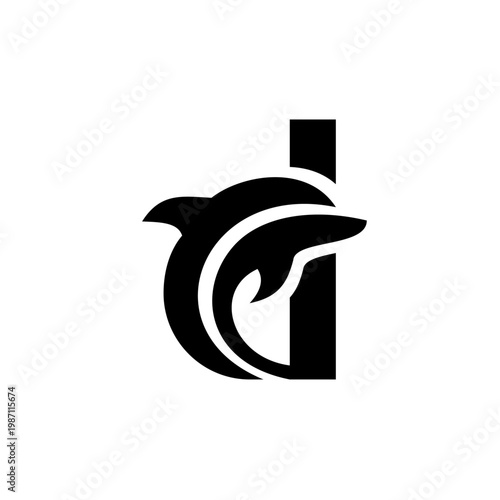 Minimalist black logo featuring a stylized dolphin integrated into the letter D, forming a unique animal alphabet monogram.