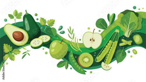 Green food and vegetable illustration with fruits and leaves on white background