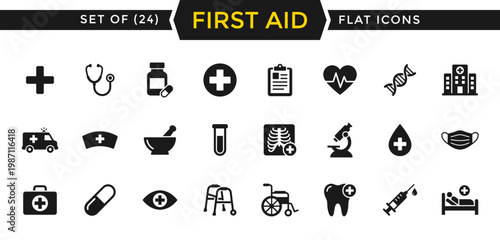 First aid flat icons set. Collection of medical symbols, including stethoscope, medicine bottle, hospital building, ambulance, nurse hat, microscope, wheelchair, and first aid kit icons for design