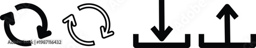 Upload download and refresh icons in outline and flat style for web interface design vector illustration. Circle arrow vector, icon set with Upload download icons in outline and flat style.
