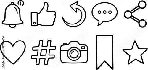 social media interface icons set with notification like share comment refresh heart hash tag camera bookmark and star symbols isolated on transparent background
