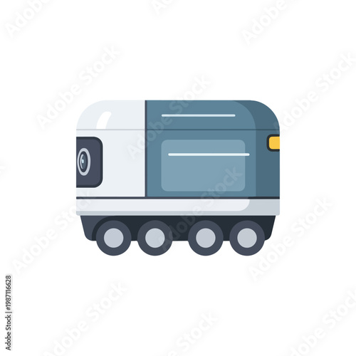 Modern train carriage with blue and white exterior on tracks