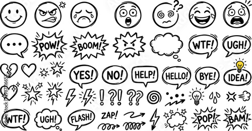 comic style emoji faces and speech bubbles with boom pow pop lightning heart star and idea doodle symbols isolated on transparent background