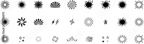 comic explosion burst and pop art effect set, dynamic flash shapes, lightning bolt and retro star elements, graphic motion design icons on transparent background