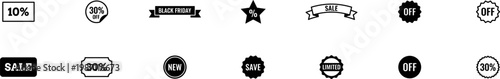 discount sale badges and promotional price labels set with percent offer tags and retail marketing symbols on transparent background