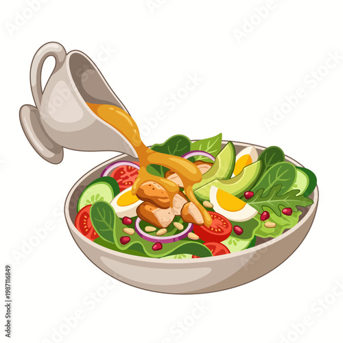 A vibrant salad with various vegetables, proteins, and a delicious dressing being poured on top, representing healthy eating choices and freshness.