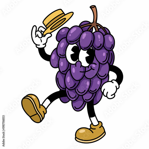 A friendly grape character wearing a hat and striking a pose, symbolizing joy and charm, this illustration adds a playful touch to fruit-themed designs.
