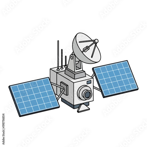 Satellite with solar panels and dish antenna in space
