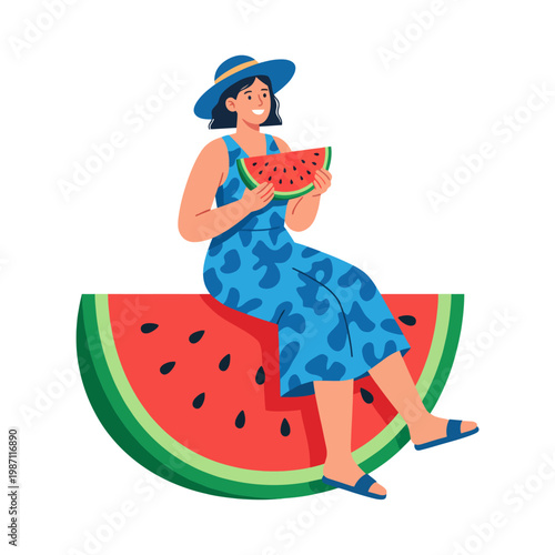 This artwork captures a young woman joyfully holding a slice of watermelon, surrounded by vibrant watermelon shapes, evoking summer fun and carefree moments.