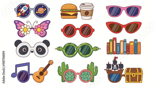 This image features a vibrant collection of playful objects including sunglasses, food items, and cute animals, creating a lively and whimsical atmosphere.