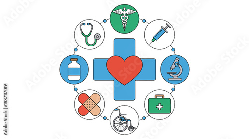 Medical icons and symbols in a circular pattern around a heart
