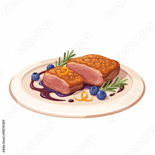 A beautifully plated duck breast served with a rich blueberry sauce and aromatic herbs, showcasing culinary elegance and gourmet presentation sure to entice any food lover.